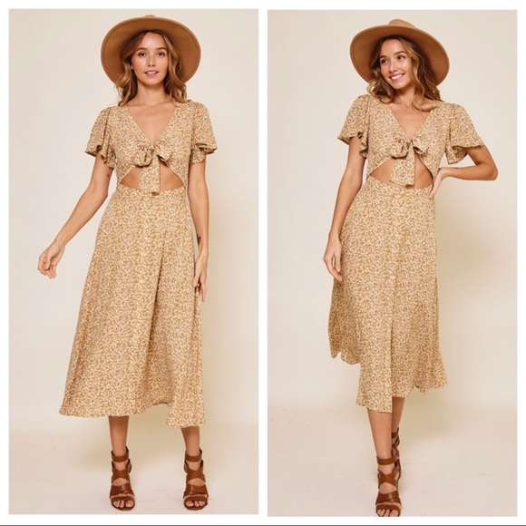 Alison Boho Short Sleeve Floral Midi Dress With Tie - Picture 2 of 4